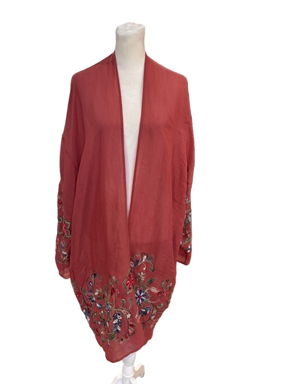 Kimono swim cover cardigan embroidered floral open front rust One Size - Picture 3 of 5